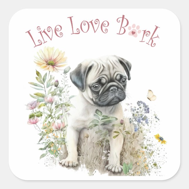 Adesivo Quadrado Mãe de Pug Floral (Frente)