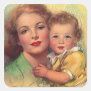 Adesivo Quadrado Mãe do vintage e retrato da família da criança