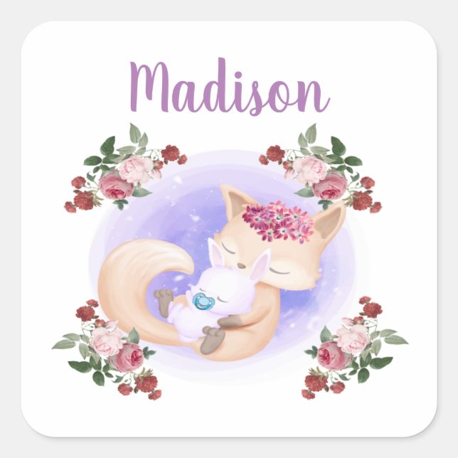 Adesivo Quadrado Mãe Fox Hug Bebê Coelho (Frente)