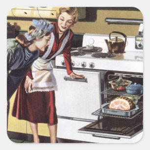 Adesivo Quadrado Mãe Vintage na Cozinha Cozinhando um Presunto de P
