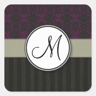 Adesivo Quadrado Magenta em Damasco Preto com Stripes e Monograma