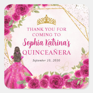 Adesivo Quadrado Magenta Rosa Dourada Princesa Floral Tiara Obrigad