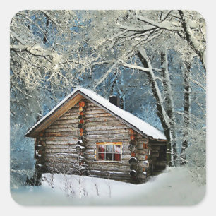 Adesivo Quadrado Magia de inverno da Cabine de Log Rústica