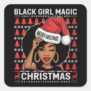 Adesivo Quadrado Magia de Menina Preta Feliz Natal Afro-Americana