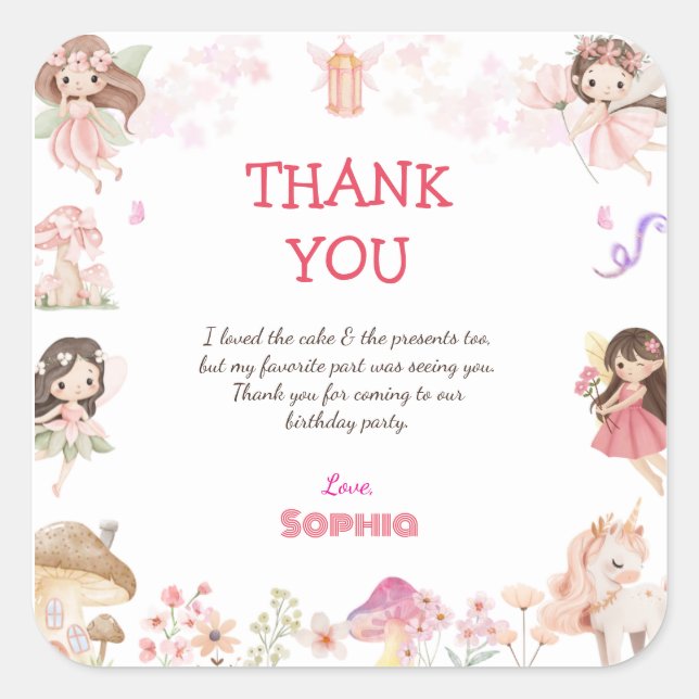 Adesivo Quadrado Magical Fairy First Birthday Thank You cards  (Frente)