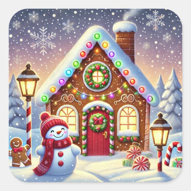 Adesivo Quadrado Magical Gingerbread Wonderland: Festive Snowman an (Frente)