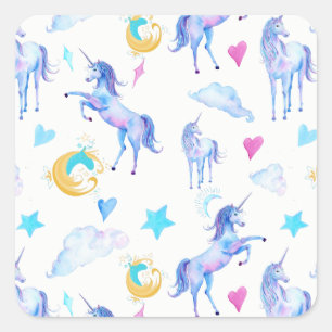 Adesivo Quadrado Magical Unicorn Pattern Watercolor Design