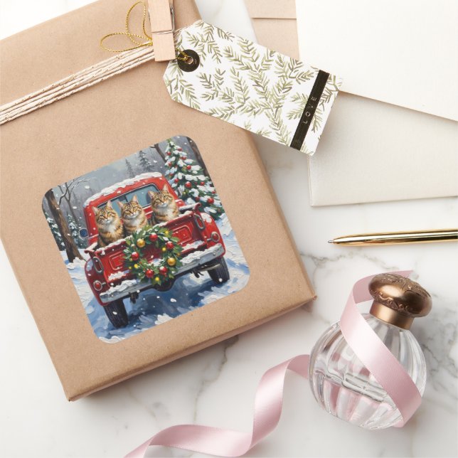 Adesivo Quadrado Maine Coon Christmas Red Truck Holiday (Presentear)