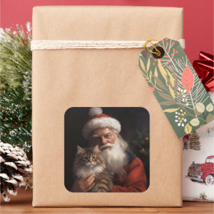 Adesivo Quadrado Maine Coon com Papai Noel Natal Festivo
