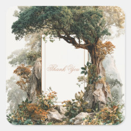 Adesivo Quadrado Majestic Ancient Tree Rocky Forest Gold Frame