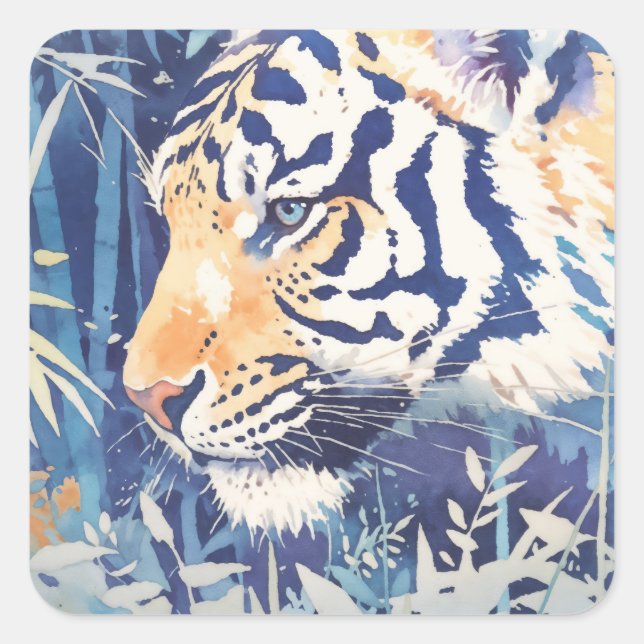 Adesivo Quadrado Majestic Tiger in Blue Bamboo Botanical Nature (Frente)