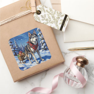 Adesivo Quadrado Majestoso Husky Siberiano Puxando Trenó de Natal