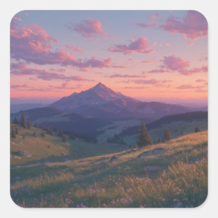 Adesivo Quadrado Majestoso Pico de Montanha ao Pôr do Sol Rosa