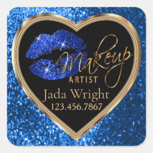 Adesivo Quadrado Makeup Artist Blue Glitter Love Lábios e Dourada 