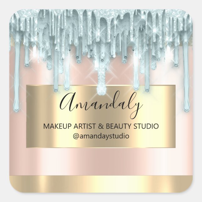 Adesivo Quadrado Makeup Beauty Glitter Dourado Frame Boutique Blue (Frente)