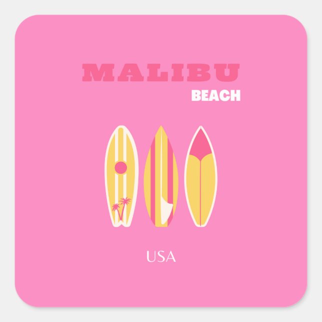 Adesivo Quadrado Malibu, Malibu Beach, California, Preppy, Pink (Frente)