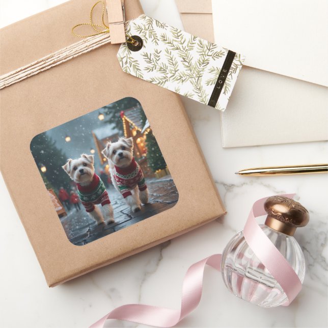 Adesivo Quadrado Maltese Dogs Christmas Snow Holiday (Presentear)