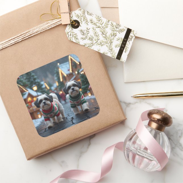 Adesivo Quadrado Malti Tzu Dogs Christmas Snow Holiday (Presentear)