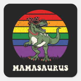 Adesivo Quadrado Mamasaurus Funny Dinossaur no Rainbow Flag Sunset