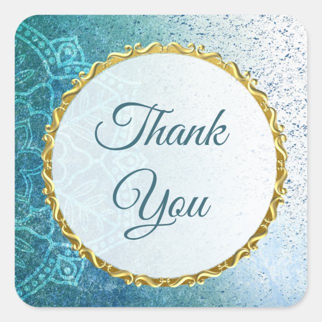 Adesivo Quadrado Mandala Azul e Dourada Obrigado Stickers (Frente)