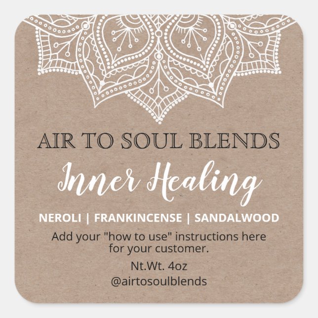 Adesivo Quadrado Mandala Branca Em Rótulos De Mistura Kraft (Frente)