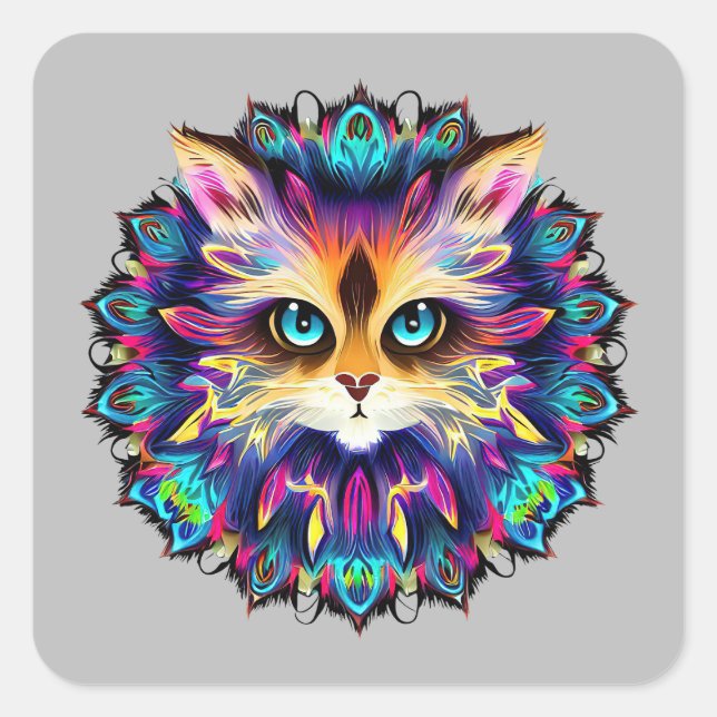 Adesivo Quadrado Mandala com um retrato de gato peludo (Frente)
