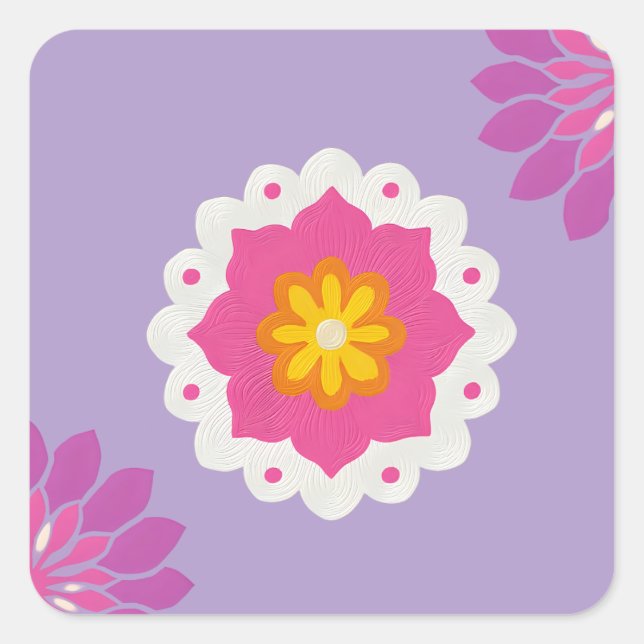 Adesivo Quadrado mandala rosa e púrpura do pastel inspirado na índi (Frente)