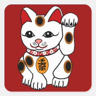 Adesivo Quadrado Maneki Neko Cat no Fundo Vermelho