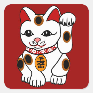 Adesivo Quadrado Maneki Neko Cat no Fundo Vermelho