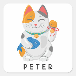 Adesivo Quadrado Maneki Neko White Cat, símbolo de boa sorte