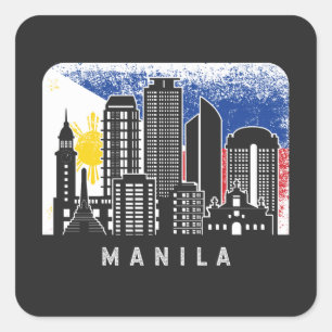 Adesivo Quadrado Manila NCR Skyline Vintage Filipinas Bandeira