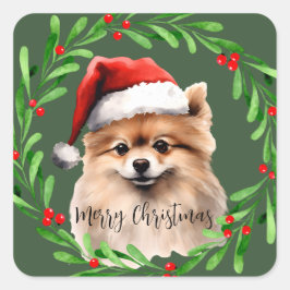 Adesivo Quadrado Manipulação de Cães de Aquarela de Natal Pomerania