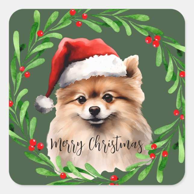 Adesivo Quadrado Manipulação de Cães de Aquarela de Natal Pomerania (Frente)