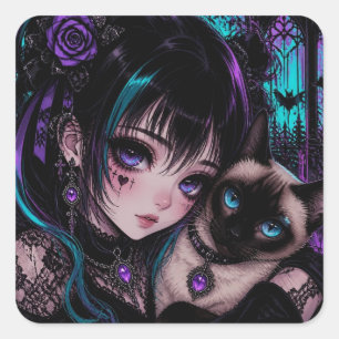 Adesivo Quadrado Mantendo Contato Garota de Anime & Gato