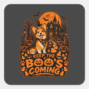 Adesivo Quadrado Mantenha Os Boos Chegando Corgi Halloween Abóbora 