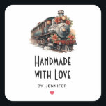 Adesivo Quadrado Manuscrito Com Amor Vintage Vapor Train Christmas<br><div class="desc">Feita à mão com adesivos de amor com uma ilustração de um velho trem a vapor vintage. Decorado com flores vermelhas de Natal.</div>