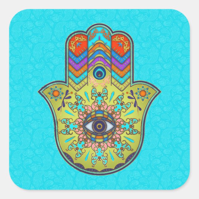 Adesivo Quadrado Mão Colorida Hamsa com paisley (Frente)