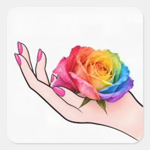 Adesivo Quadrado Mão de Mulher Embainhando uma Rosa Arco-Íris