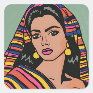 Adesivo Quadrado Mão Desenhada Mulher Mexicana Vestindo Sarape Colo