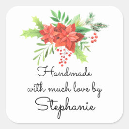 Adesivo Quadrado Mão feita com Amor Nome Poinsettia Natal 