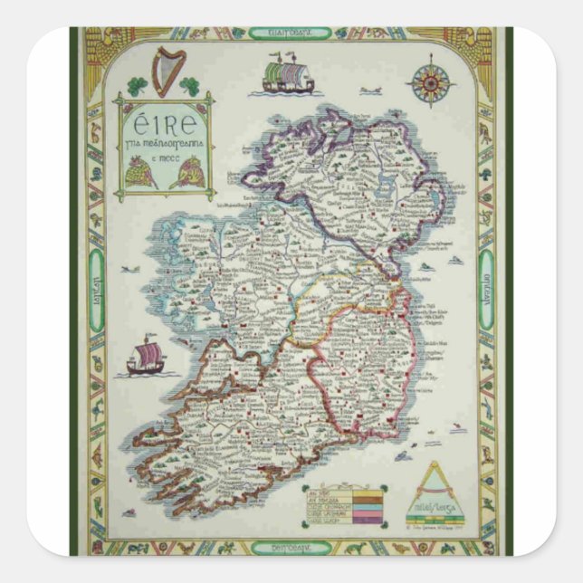 Adesivo Quadrado Mapa da Irlanda - Mapa Histórico do Eire Erin Irla (Frente)