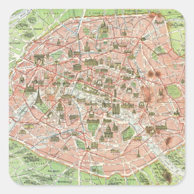 Adesivo Quadrado Mapa da Vintage em Paris (1920) (Frente)