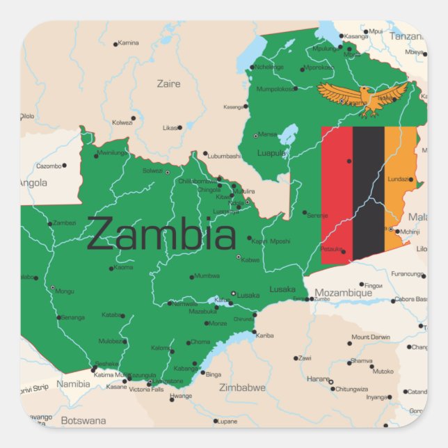 Adesivo Quadrado Mapa Da Zâmbia (Frente)