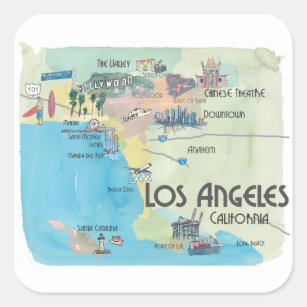 Adesivo Quadrado Mapa das viagens vintage de Los Angeles Califórnia