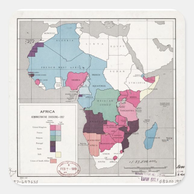 Adesivo Quadrado Mapa de África, Divisões Administrativas (1957) (Frente)
