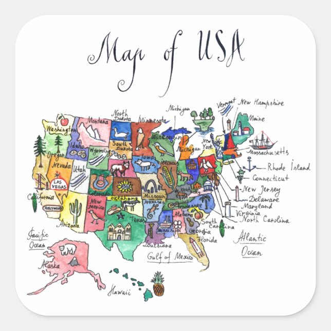 Adesivo Quadrado Mapa de Atrações dos Estados Unidos da América (Frente)