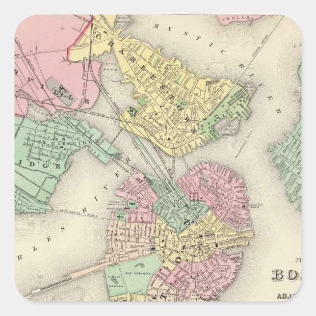 Adesivo Quadrado Mapa De Boston E Cidades Adjacentes (Frente)