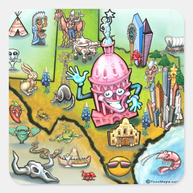 Adesivo Quadrado Mapa de Cartoons de Austin Texas (Frente)