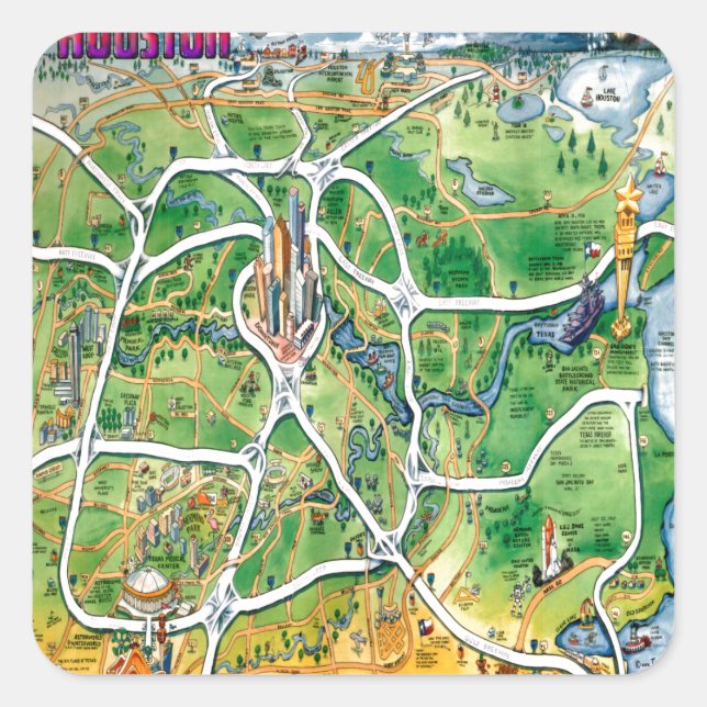 Adesivo Quadrado Mapa de Cartoons de Houston Texas (Frente)