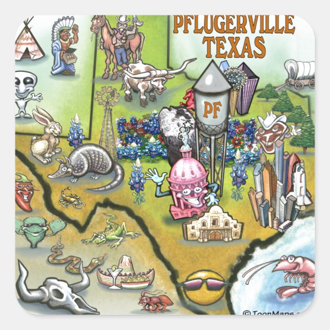 Adesivo Quadrado Mapa de Cartoons do Texas em Pflugerville (Frente)
